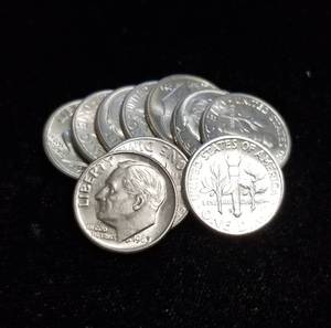 lot 52 image: 10 BU-UNC ROOSEVELT SILVER DIMES AS PICTURED