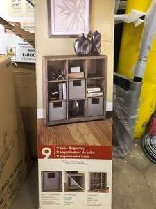 lot 9 image: 39 in. H x 37 in. W x 12 in. D Red Wood Look 9-Cube Storage Organizer by ClosetMaid- open box not used - see pictures