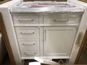 lot 16 image: Sonoma 36 in. W x 22 in. D Bath Vanity in White with Carrara Marble Top with White Sinks by Home Decorators Collection- open box not used - see pictures