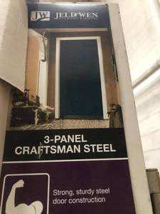 lot 22 image: 32 in. x 80 in. 3-Panel Craftsman Primed Steel Prehung Left-Hand Inswing Front Door by JELD-WEN- customer return - see pictures