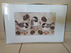 lot 144 image: Framed Batik Chickadees Artwork by Nedra Nicholls