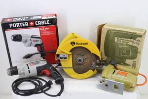 lot 23 image: Porter Cable 38 Drill, B&D Jigsaw & Rockwell Skill Saw