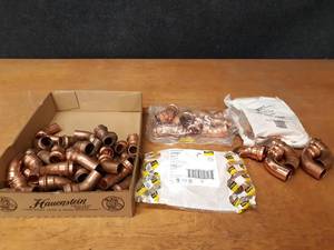 lot 2106 image: NIBCO & VIEGA PressSystem Copper Fittings - (14) 1 90° Street Elbows, (8) 1 45° Elbows, (40) 34 45° Street Elbows