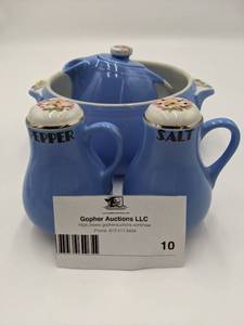 lot 10 image: 1940s Hall China Company Rose Parade Cadet Blue Set- Salt And Pepper Shakers