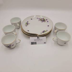 lot 33 image: Vintage Porcelain Teacups and Snack Plates with Violets and Gold Trim-Service For 5