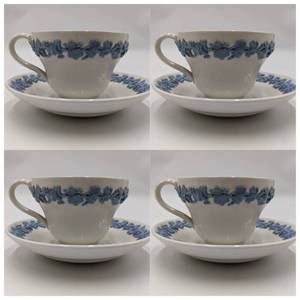 lot 08 image: 1940s Wedgwood Embossed Queensware Bone China Cups and Saucers Set of Four ($300 Value)