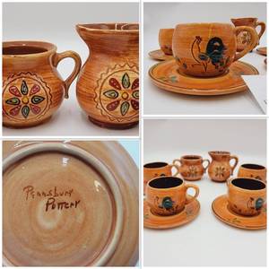 lot 23 image: 1950s Vintage Pennsbury Pottery Tea Set Rooster and Hex Patterns