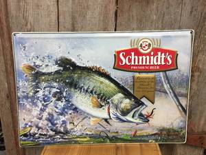 lot 9 image: Vintage Schmidts Premium Beer Largemouth Bass Embossed Tin Sign