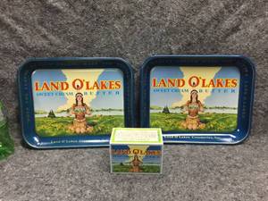 lot 21 image: 2 Vintage Land OLakes Sweet Cream Butter Tin Trays and Recipe Box