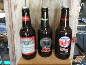 lot 28 image: 3 Budweiser Glass Advertiser Bottles
