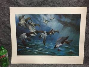 lot 73 image: Sherm Pehrson Canvas Backs in the Storm Unframed Signed & Numbered Wildlife Print