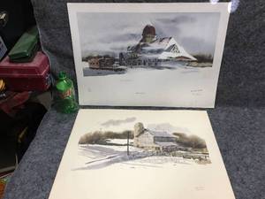 lot 85 image: 2 Dave Riebe Watercolor Prints Winter Winds & Winter Afternoon