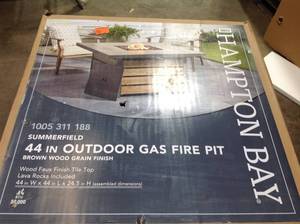 lot 7 image: Hampton Bay Summerfield 44 in. x 24.5 in. Square Steel Propane Fire Pit with Wood-Look Tile Top customer return see pictures