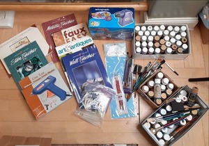 lot 374 image: Art supplies with paints, paint bru...