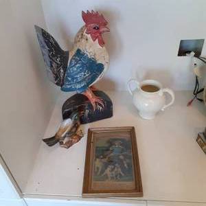 lot 434 image: Wooden Rooster Statue, Ceramic Bird...