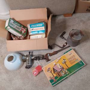 lot 490 image: Box of Vintage Goodies. A Metal Wat...
