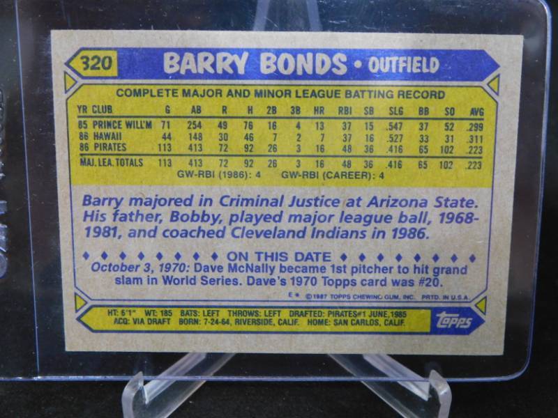 lot 133 image: 1987 Topps Barry Bonds Rookie Card #320 LK