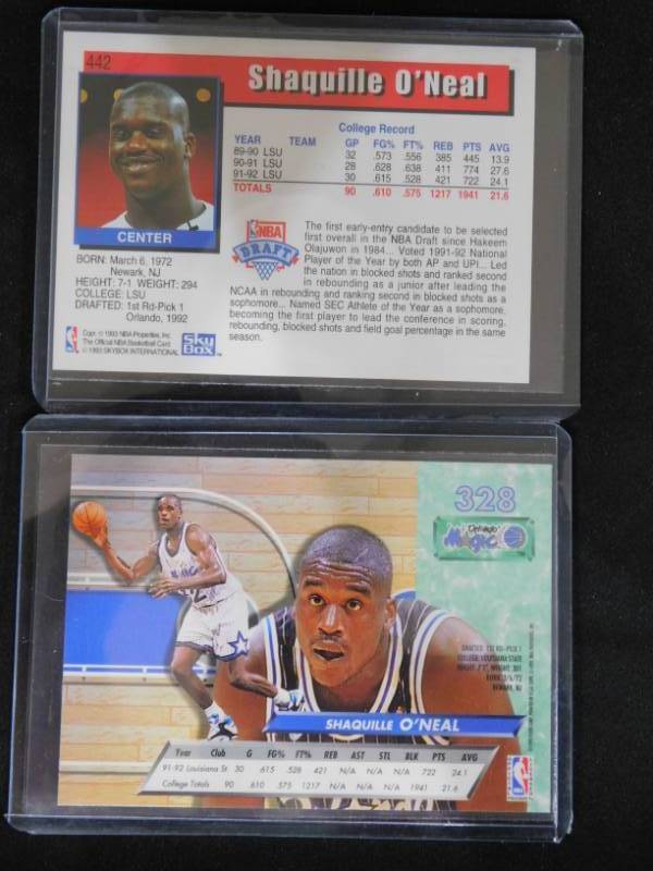 lot 139 image: (2) 1992-93 Shaquille Oneal Rookie Cards Ultra #328 & Hoops #442
