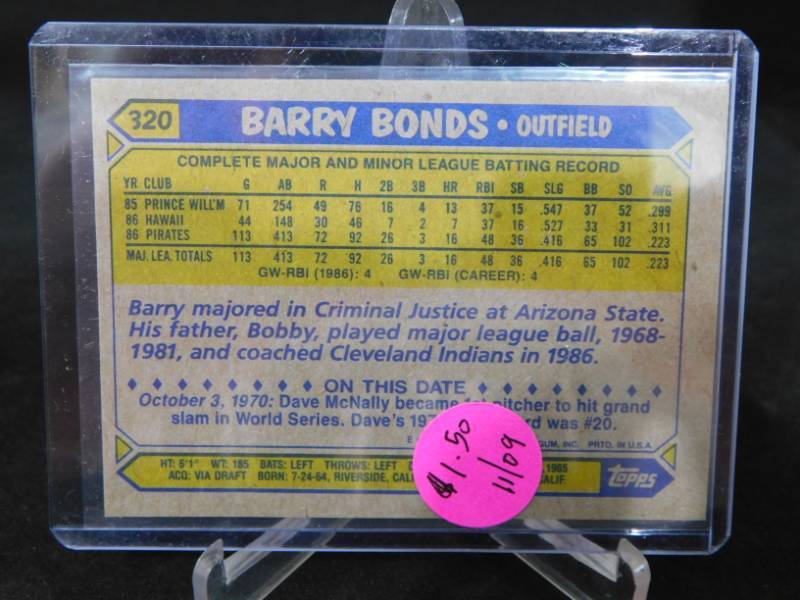 lot 62 image: 1987 Topps Barry Bonds Rookie Card #320 LK