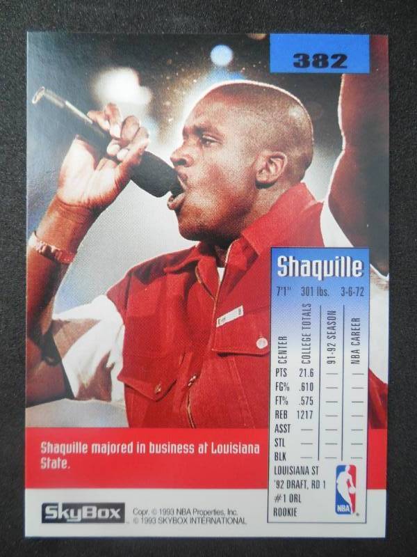 lot 91 image: 1992 Skybox Shaquille ONeal Rookie Card #382 LK