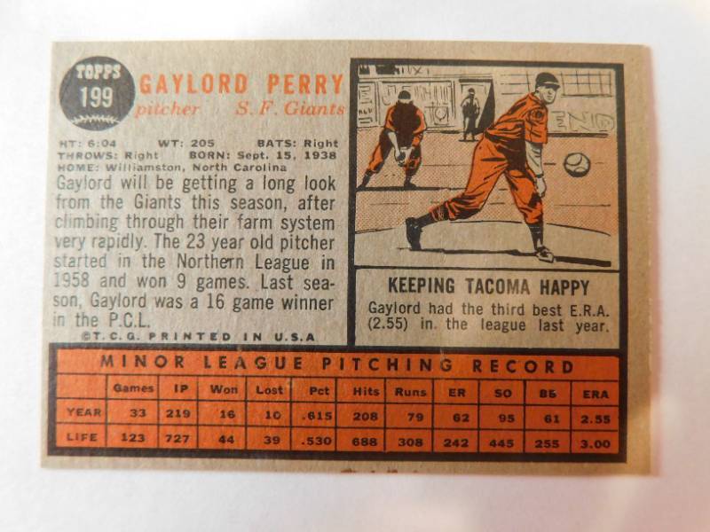 1962 Topps No. 199 Gaylord Perry Rookie Baseball Card - Good