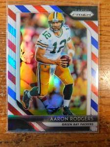 lot 186 image: 2018 Prizm Aaron Rodgers Red White Blue Prizm Parallel Card #127