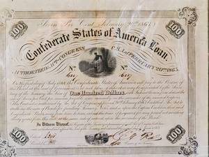lot 21 image: Authentic Hand Signed 1863 $100 Confederate Savings Bond