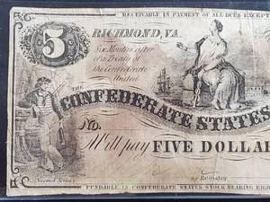 lot 183 image: 1861 Richmond Confederate Confederate States of America $5 Dollar Bill