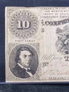 lot 57 image: 1861 Richmond Confederate $10 Dollar Bill Great Scene Sweet Potato Dinner