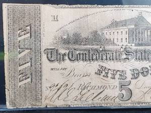 lot 61 image: 1862 Richmond Confederate $5 Dollar Bill