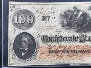 lot 150 image: 1862 Richmond Confederate $100 Dollar Bill