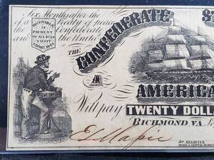 lot 63 image: 1861 Richmond Confederate $20 Dollar Bill