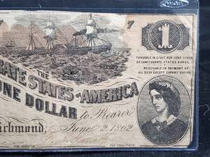 lot 186 image: 1862 Confederate Richmond Confederate States of North America $1 Dollar Bill