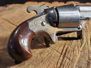 lot 113 image: Beautiful Brass Frame Moore Patent Teat Fire Revolver Serial Number 5985