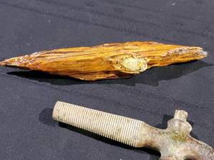 lot 233 image: Piece of Tree with a Civil War Bullet imbedded in it & a Molasses Tree Tap