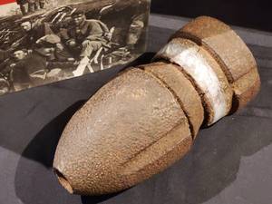 lot 244 image: Rare Civil War 4-12 Diameter Hotchkiss Shell From Vicksburg & a Civil War Book
