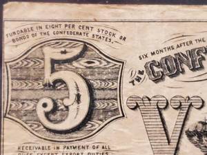 lot 265 image: 1861 Richmond Confederate $5 Dollar Bill