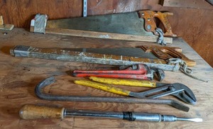 lot 23 image: Pipe Wrench, Pump Pliers, Crowbar, Saws, etc.