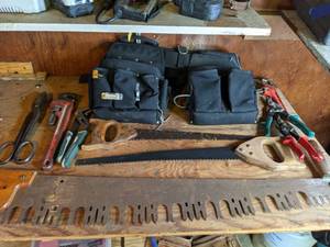 lot 25 image: Tool Belt & Hand Tools Hand Saws, Wrench, Pliers, etc.