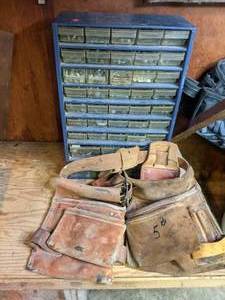 lot 26 image: Fully Stocked Small Parts Organizer and Leather Tool Belt