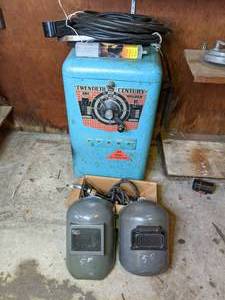 lot 8 image: Vintage Twentieth Century Arc Welder with Masks and Welding Supplies