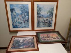 lot 225 image: Lot of (4) Vintage Framed Artist Prints Winter Farm, Country Mill, Town Square
