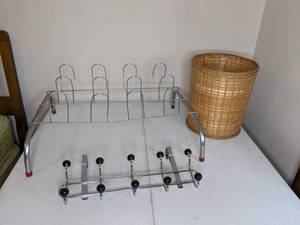 lot 215 image: Lot of (2) Organizing Racks and Wicker Waste Basket