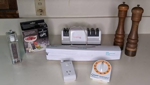 lot 319 image: Wooden Salt & Pepper Shakers, ChefsChoice Knife Sharpener, Scale See Pictures