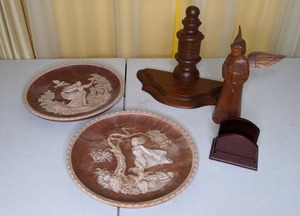lot 276 image: (2) Vintage Collector Plates, Angel Figurine, Wood Decor