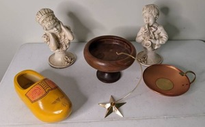 lot 252 image: Vintage Figurines, Wood Bowl, Ornament Display, Clog, etc.
