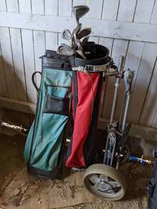 lot 137 image: (2) Golf Bags, Push Cart and Wilson Golf Clubs