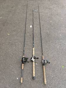lot 142 image: (3) Bait Casters and Rods Garcia, Black Max, Lews
