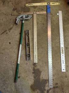 lot 104 image: Pipe Bender, Yardstick, T-Squares, Level