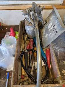 lot 110 image: Wood Toolbox Filled with Paint Supplies and Hand Tools